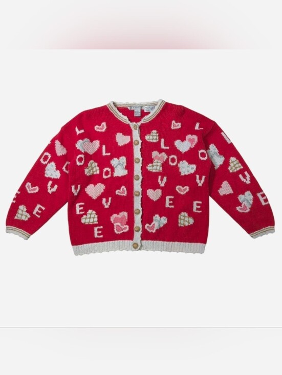 Raphel Sweaters - Vintage handknit heart knit cardigan with red, white, gold and silver. Size L